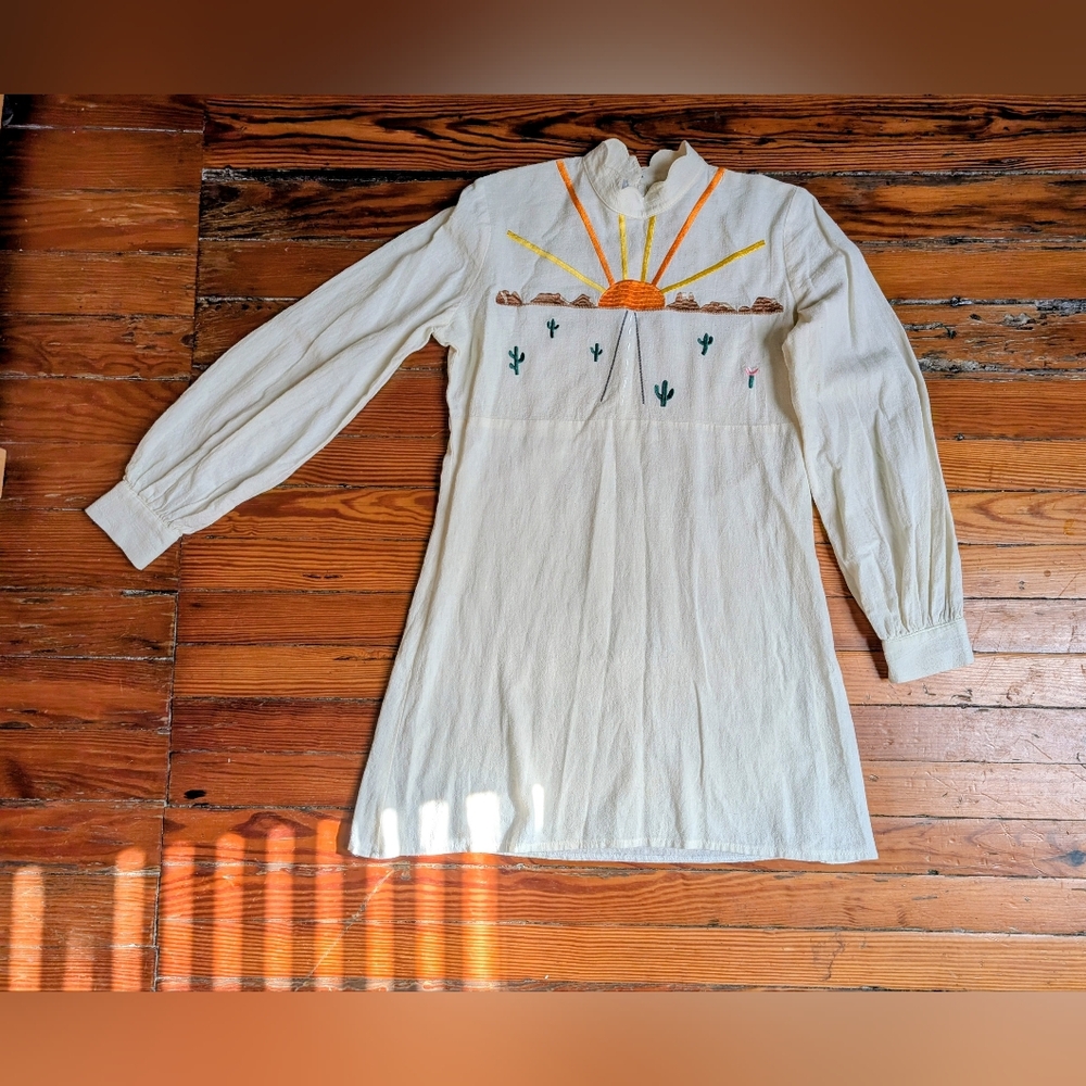 Desert Sun On The Road Embroidered Mini Dress S Southwest Boho Hippie Western - Picture 7 of 15
